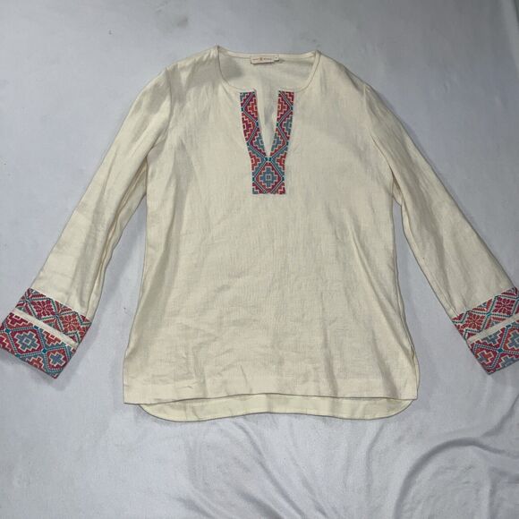 Tory Burch McKenna Tunic Top Ivory Linen $350 – Size 10 Embroidered V Neck - Picture 3 of 13